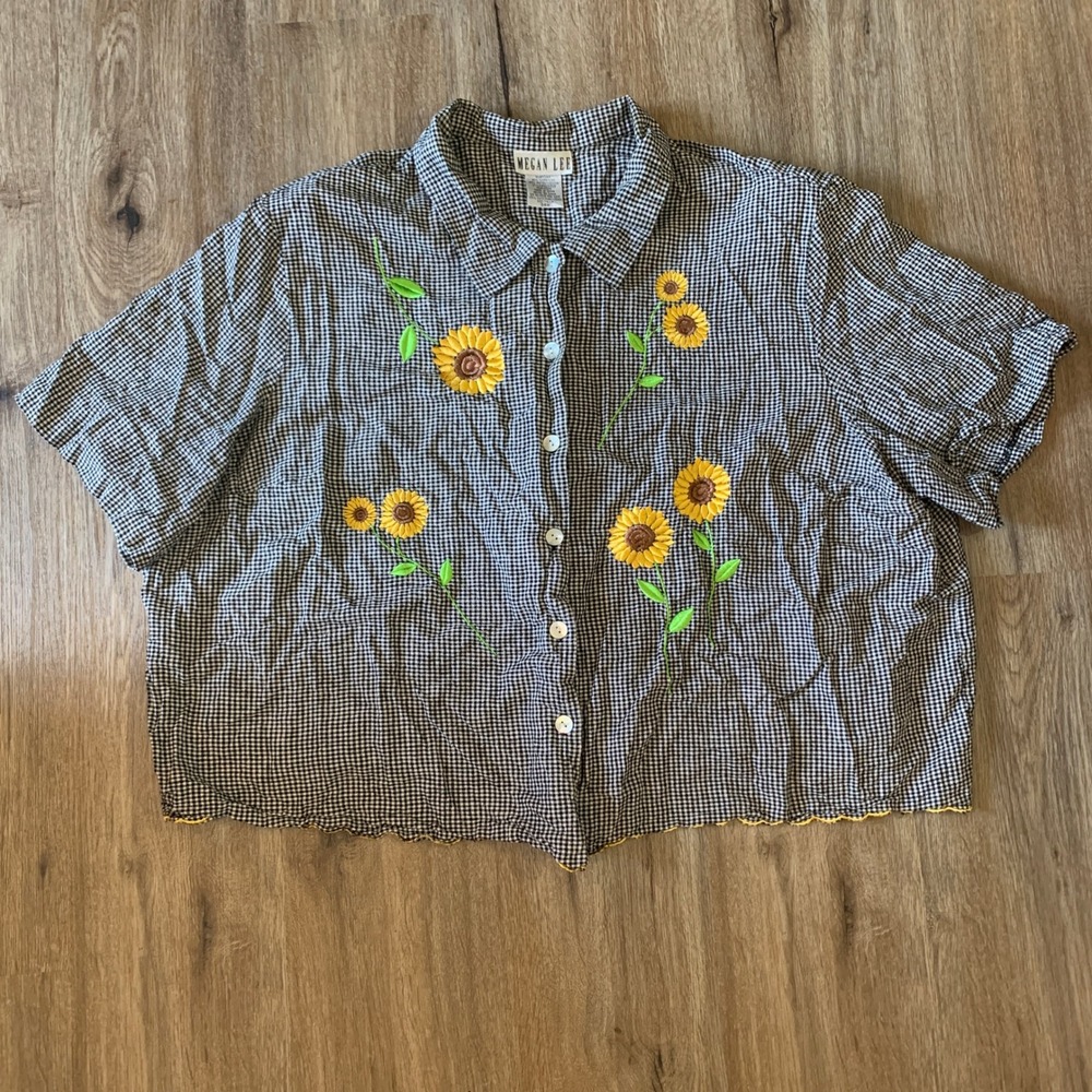 Vintage 90s linen blend gingham sunflower button up shirt - size 34W womens
